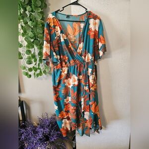 Floral Wrap Dress in Teal and Orange